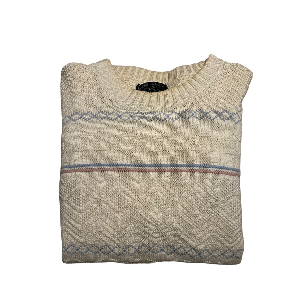 VTG 90s Peconic‎ Bay Traders Cotton Sweater USA Nautical Coastal Grandpa Knit L